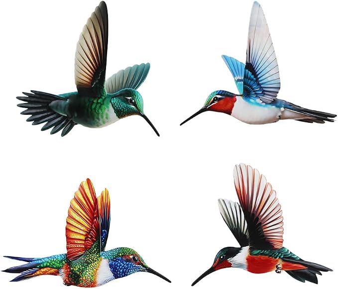 4 Pack Metal Hummingbird Wall Art Garden Decor, Birds Outdoor Wall Art Yard Patio Fence Decoration, 3D Colorful Bird Wall Hanging Sculpture Outside Livingroom Gift for Women Mom