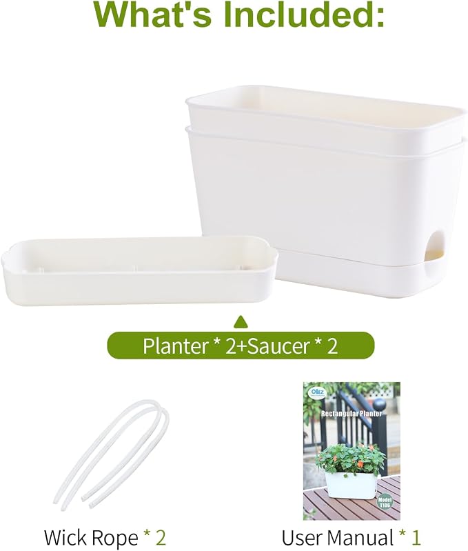 Oliz Self Watering Planters: 2 Packs Rectangular Plant Pots with with Drainage and Tray, 10 Inch Window Pot Self Watering Planter for Herb, Houseplants
