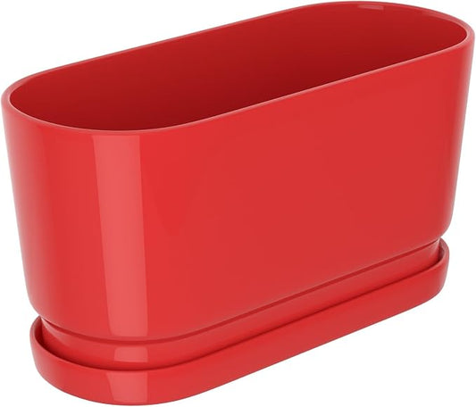 13" Rectangular Ceramic Planter with Drainage and Saucer, Red | Indoor Outdoor Use, 13"L x 5.5"W x 6.3"H, Modern Home Decor, Window Box Planter, Red Glossy Finish