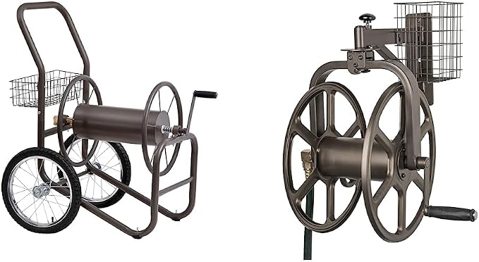 Liberty Garden 880-2 Industrial 2-Wheel Pneumatic Tires Garden Hose Reel Cart - Gray & Arm Navigator Multi-Directional Garden Hose Reel, Holds 125-Feet of, 5/8-Inch, Bronze