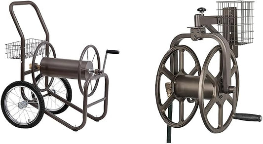 Liberty Garden 880-2 Industrial 2-Wheel Pneumatic Tires Garden Hose Reel Cart - Gray & Arm Navigator Multi-Directional Garden Hose Reel, Holds 125-Feet of, 5/8-Inch, Bronze