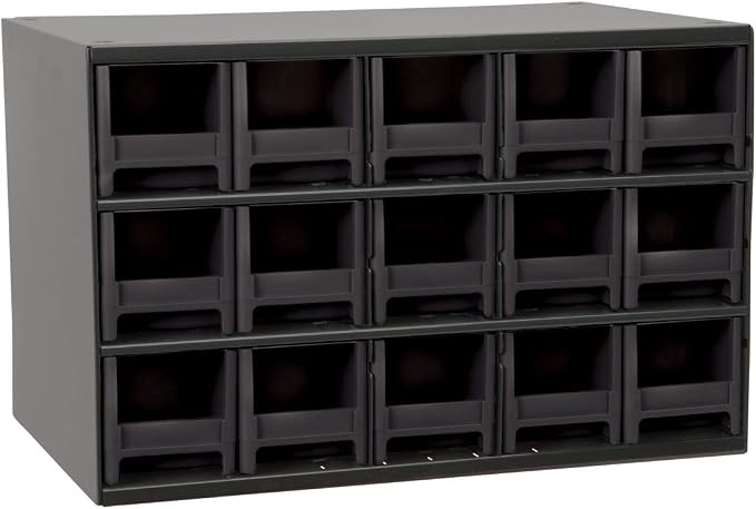 Akro-Mils Steel Garage Storage Cabinet, Small Parts Organizer Metal Cabinet for Hardware, Nails, Screws, Bolts, Nuts, and More, 17" W x 11" D x 11" H, 15-Drawer, Gray Cabinet/Black Drawers (19715)