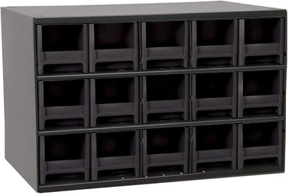 Akro-Mils Steel Garage Storage Cabinet, Small Parts Organizer Metal Cabinet for Hardware, Nails, Screws, Bolts, Nuts, and More, 17" W x 11" D x 11" H, 15-Drawer, Gray Cabinet/Black Drawers (19715)