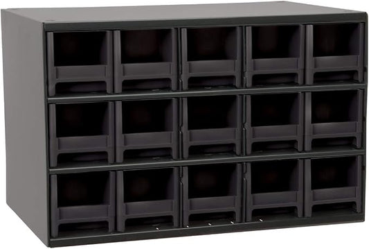 Akro-Mils Steel Garage Storage Cabinet, Small Parts Organizer Metal Cabinet for Hardware, Nails, Screws, Bolts, Nuts, and More, 17" W x 11" D x 11" H, 15-Drawer, Gray Cabinet/Black Drawers (19715)