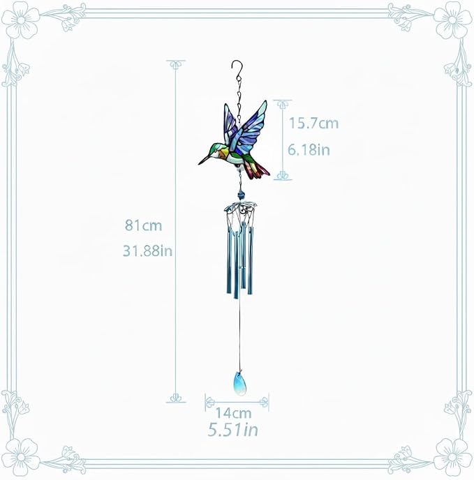 Wind Chimes for Outside, Blue Stained Glass Hummingbird Wind Chime, Deep Tone Memorial Gifts for Women Mom Grandma, Durable Metal Garden Patio Yard Window Decoration