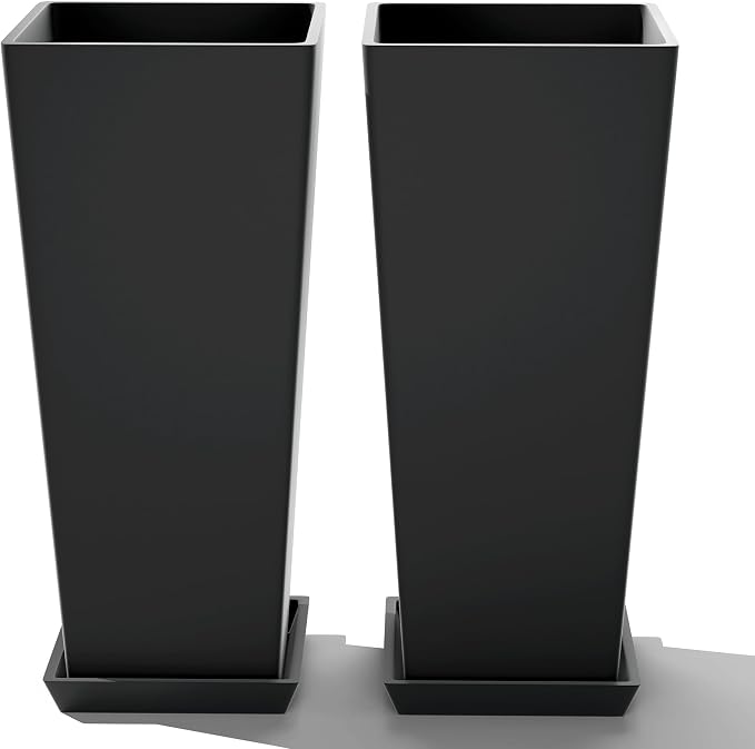 FENCY Set of 2 Tall Planters for Outdoor Plants, Black | 24 Inch Plant Pots with Drainage Hole & Trays, Plastic Tapered Flower Pots for Plants, Weather-Resistant