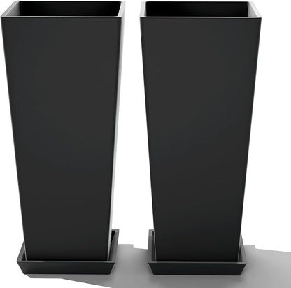 FENCY Set of 2 Tall Planters for Outdoor Plants, Black | 24 Inch Plant Pots with Drainage Hole & Trays, Plastic Tapered Flower Pots for Plants, Weather-Resistant