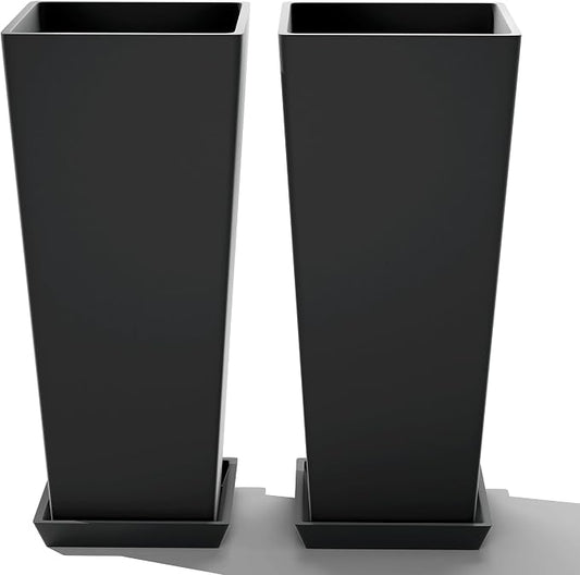 FENCY Set of 2 Tall Planters for Outdoor Plants, Black | 24 Inch Plant Pots with Drainage Hole & Trays, Plastic Tapered Flower Pots for Plants, Weather-Resistant