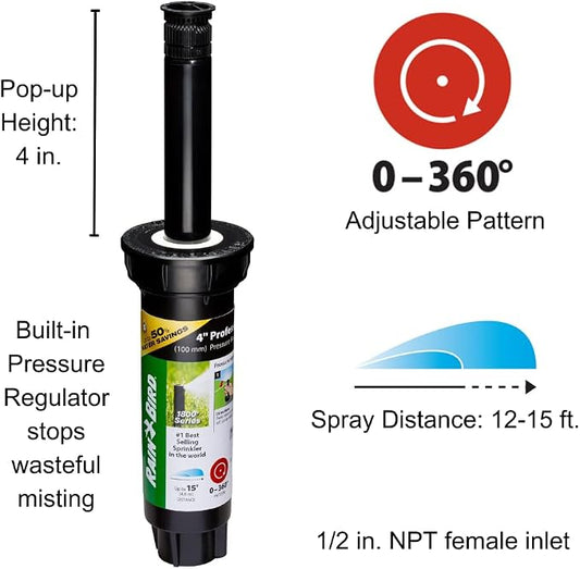 Rain Bird 1804HV15PR Pressure Regulating (PRS) High-Efficiency Professional Pop-Up Sprinkler, 0° - 360° Adjustable Pattern, 12' - 15' Spray Distance, 4" Pop-up Height