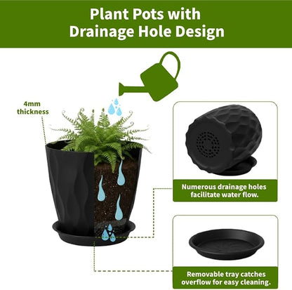 Plant Pots 8 Inch, 6 Pack Plastic Flower Pots for Indoor & Outdoor Plants, Planters with Drainage Holes and Saucer, Garden Pot for Plants(Black)