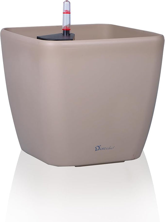 Dexceder 15x14 Self Watering Planter with Wheels (Taupe Matte) | Inner Mat Design, Thickened Large Floor Standing Flower Plant Pot with Water Level Indicator Indoor Outdoor