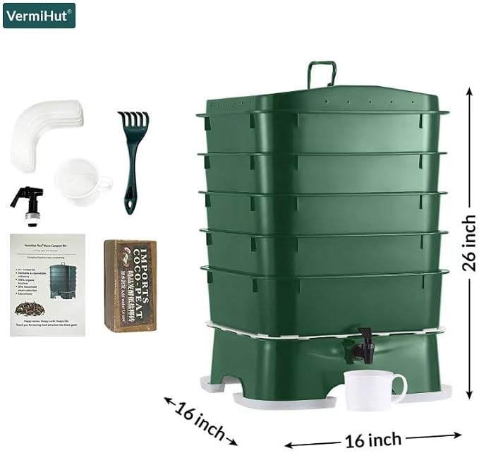 ® Plus US Made 5 – Tray Worm Composter -Forest Green,Sustainable Design for Both Indoor & Outdoor, Worm Compost Bin for Vermicomposting Starter, Recycling Food Wastes