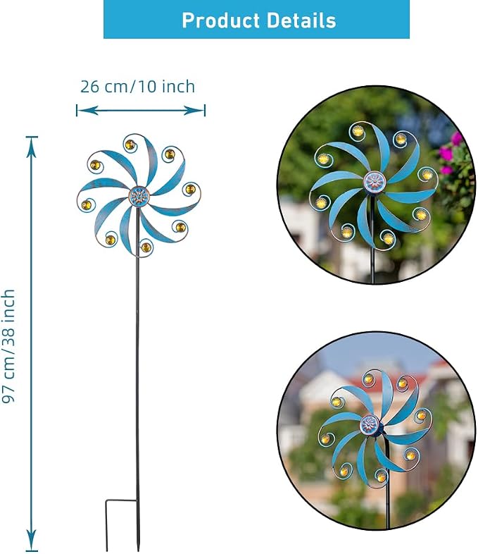 Stargarden 2Pack Wind Spinner, Outdoor Wind Sculptures | Metal Small Garden Pinwheels for Yard and Garden Decor,Blue