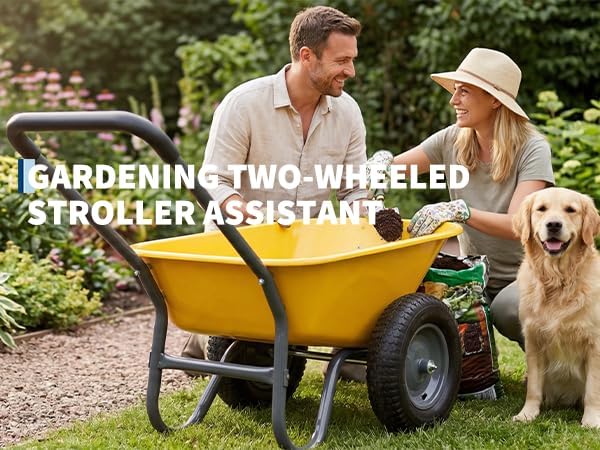 Garden Wheelbarrow Cart, Heavy Duty Utility Cart with Dual Wheels and Built-in Stand, Iron and Plastic Yard Cart for Home, Lawn and Garden