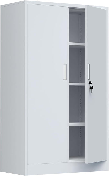 Metal Storage Cabinet with Locking Doors and 3 Adjustable Shelves, Lockable Storage Cabinets for Home Office Garage Kitchen Pantry (White)