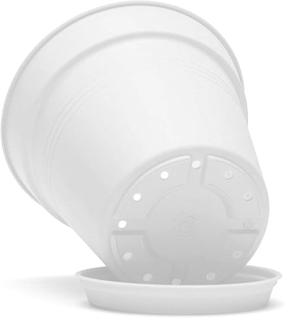 Mintra Garden Pots, 4 Pack Bulk Plastic Plant Pots with Drainage Tray, Round Indoor & Outdoor Decorative Planters with Drain Holes for Flowers, Herbs & Plants, 13cm Diameter – White, 5 in