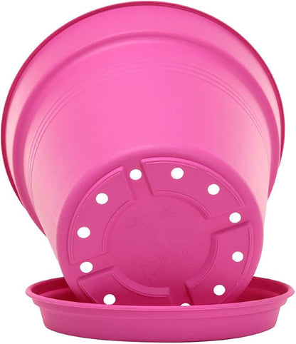 Mintra Garden Pots, 4 Pack Bulk Plastic Plant Pots with Drainage Tray, Round Indoor & Outdoor Decorative Planters with Drain Holes for Flowers, Herbs & Plants, 19cm Diameter – Fuchsia, 7.5in Wide