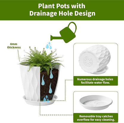 8 Inch Plant Pots Plastic Planters with Drainage Holes & Saucer, 6 Pack | White, 3D Water Ripple Texture, for Indoor Outdoor Plants, Decoration Flower Pots for Garden Home