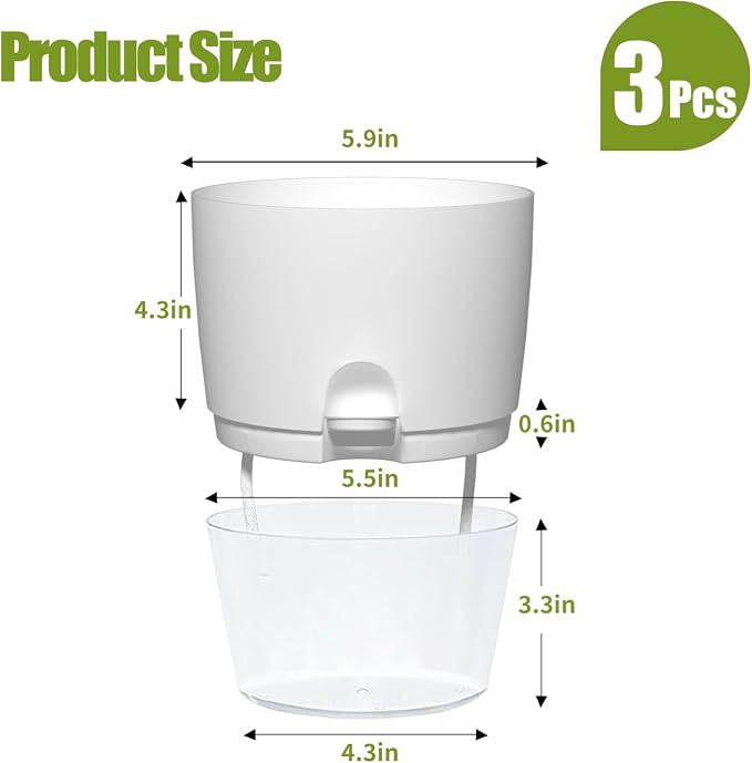 Oliz 6" Self Watering Pots for Indoor Plants, 3pk White w/Drainage Holes | Modern Decorative Garden Pots, Orchid Planters with Wick Ropes, African Violet Pots