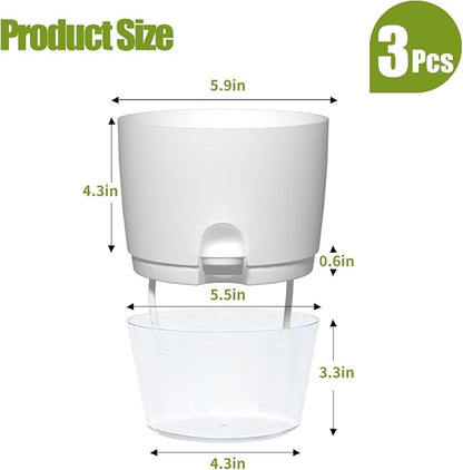 Oliz 6" Self Watering Pots for Indoor Plants, 3pk White w/Drainage Holes | Modern Decorative Garden Pots, Orchid Planters with Wick Ropes, African Violet Pots