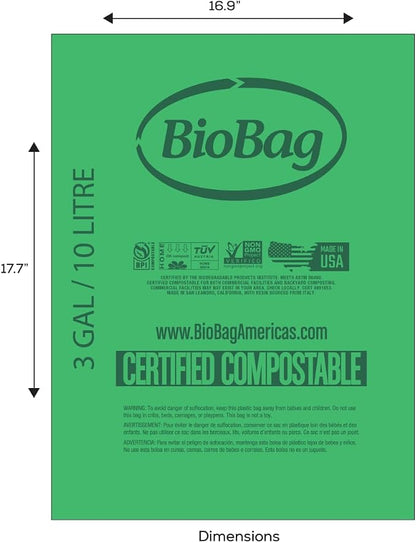 3 Gallon Compostable Food Scrap Bags by BioBag, 100 Count, BPI Certified, Meets ASTM D6400 Standards, Made in USA, Kitchen Trash Bin Liners