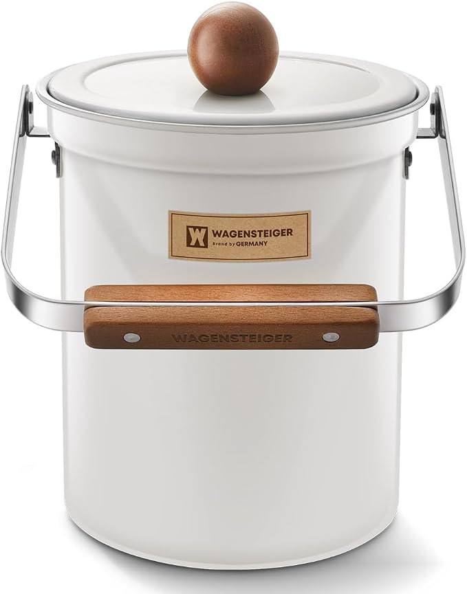 WAGENSTEIGER Kitchen Countertop Compost Bin 101ounces / 3Liters, Airtight Lid SUS304 Stainless Steel Odor-Free Food Waste Bin with Wooden Handle Stylish Design/Bathroom Trash Can (White)