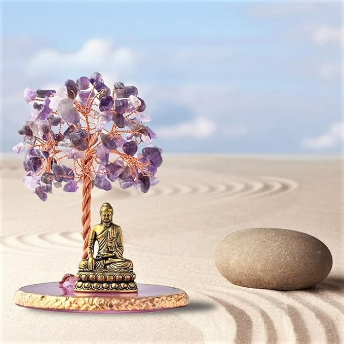 Buddha Statue with Healing Crystal Tree, Tree of Life for Positive Energy. Home Decor Yoga Meditation. Amethyst.(A)