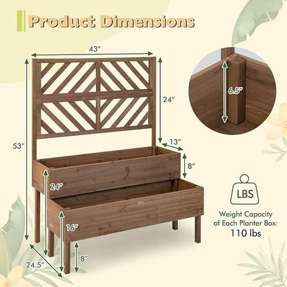 Nightcore Outdoor Elevated Garden Bed with Trellis，Raised Garden Bed with Legs & Drain Holes，2-Tier Wooden Planter Box for Vegetable Fruit Herb