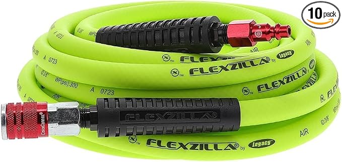 Flexzilla Air Hose with ColorConnex Industrial Type D Coupler and Plug, 3/8 in. x 25 ft., Heavy Duty, Lightweight, Hybrid, ZillaGreen - HFZ3825YW2-D (Pack of 10)