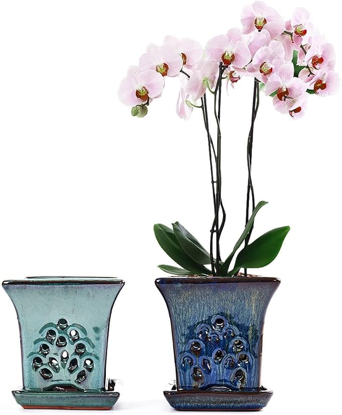 Ceramic Orchid Pots with Holes attached Saucers 4.8 Inches - Set of 2 Small Square Orchid Pots for Repotting, Decorative Ceramic Orchid Planter with Hole for Healthy Root Growth Blue and Green