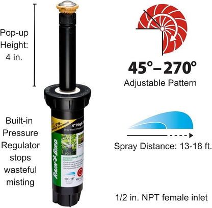 Rain Bird 12SAPROPR Pressure Regulating (PRS) High-Efficiency Pro Rotary Sprinkler, Hand Adjustable 45° - 270° Pattern, 13' - 18' Spray Distance, 4" Pop-up Height