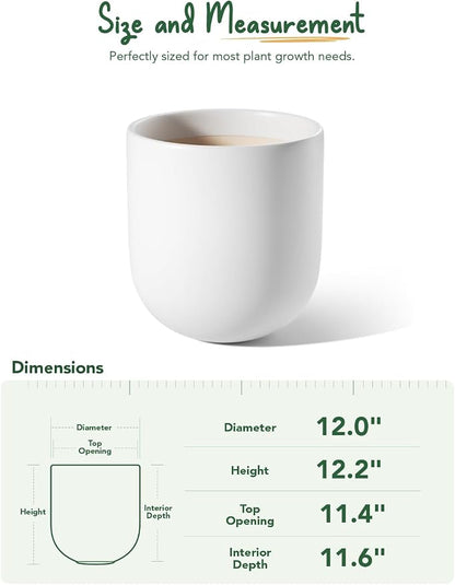 LE TAUCI 12 Inch Pots for Plants, Ceramic Large Planters for Indoor Plants, Indoor Plant Pots for Home Garden Patio Office, Planter Pots with Drainage Hole and Rubber Plug, White