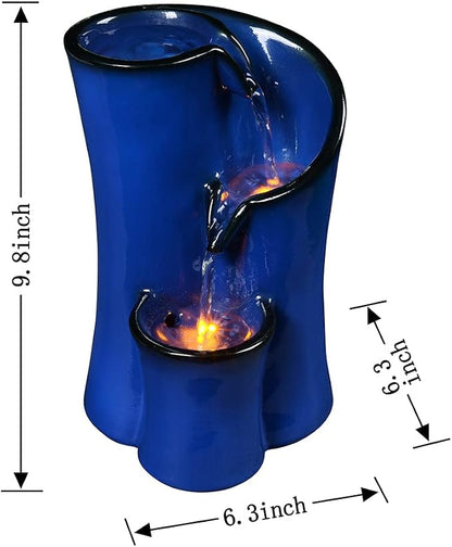Indoor Water Fountain Imitation Ceramics Appearance Tabletop Relaxation Desktop Waterfall w/ 3 Reflective led, 9.8 Inch Tall (Blue)