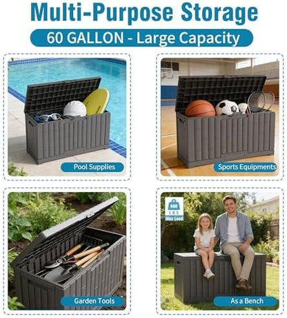 Outdoor Storage Box, 60 Gallon Waterproof Deck Box, Lockable Storage Container, Built-in Reinforcing Metal Rod Outside Resin Bin for Patio, Garden, Poolside and Garage