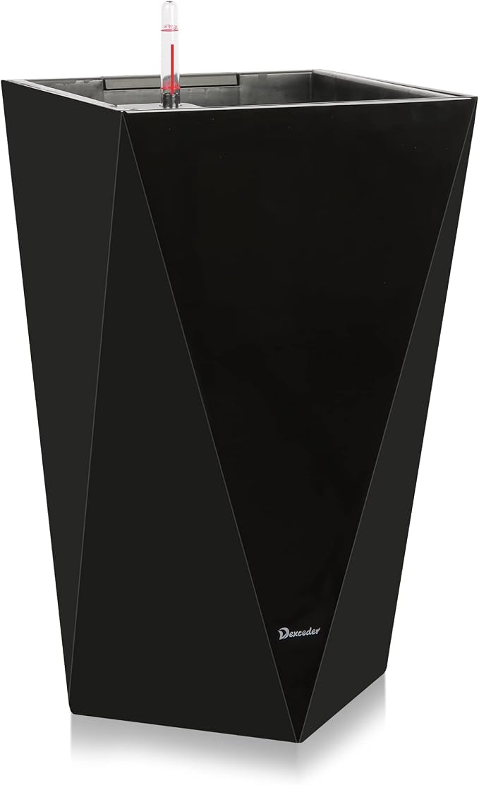 Dexceder 20 Inches Self Watering Tall Planter (Black) | Diamond High Gloss, Thickened Rhombus Large Floor Standing Flower Plant Pot with Water Level Indicator Indoor Outdoor