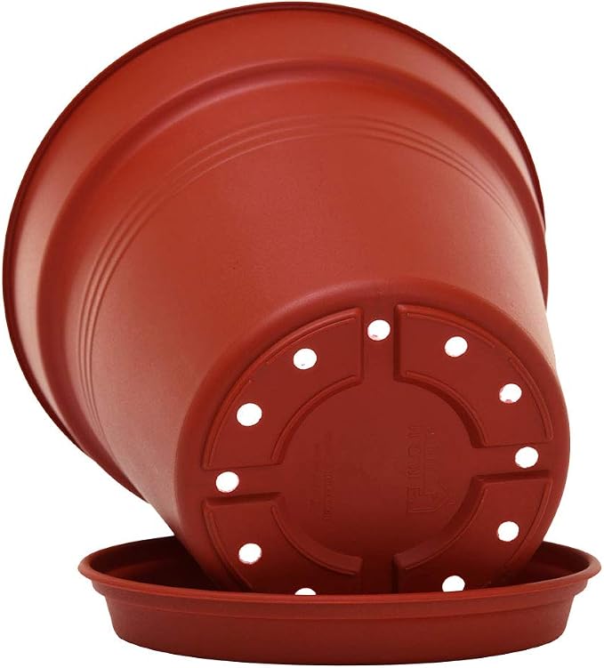 Mintra Garden Pots, 4 Pack Bulk Plastic Plant Pots with Drainage Tray, Round Indoor & Outdoor Decorative Planters with Drain Holes for Flowers, Herbs & Plants, 11cm Diameter – Burgundy, 4.3 in