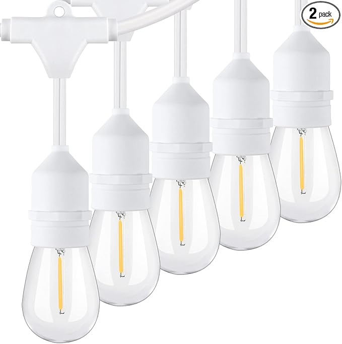 96FT(48×2) Outdoor String Lights, Commercial Grade Heavy Duty White Wire Patio Light with Dimmable S14 Shatterproof LED Bulbs, Linkable Waterproof Bistro Lights for Outside Deck Backyard Cafe Market