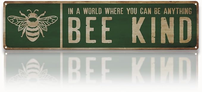 Garden Metal Tin Signs, Bee Kind Sign, Vintage Farmhouse Bee Wall Art, for Garden Yard Fence Door Porch, Rustic Indoor Outdoor Gardens Decoration, 15.7 x 3.9 Inches