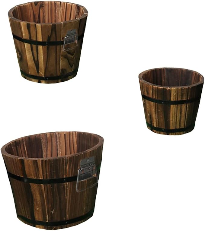 3 Pcs Wooden Bucket Flower Pot Retro Barrel Planter for Succulents Garden Decor for Patio Lawn Balcony Courtyard Solid Color Rustic Wooden Flower Pots
