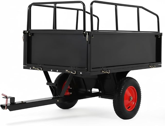 PeakPursuit Tow Behind Steel Dump Cart, Heavy Duty Yard Garden Trailer with Removable Sides & All Terrain Tires, Fits Lawn Mower, Tractor, Garden Cart, 750 lbs 17 Cubic Feet, Black