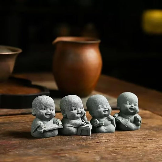 4Pcs Laughing Buddha Statue Feng Shui Decor, Cut Zen Monk Buddha Statue for Praying, Monk Sandstone Figurine Ornaments for for Home Decor or Garden Outdoor (4 Little Zen Monks)