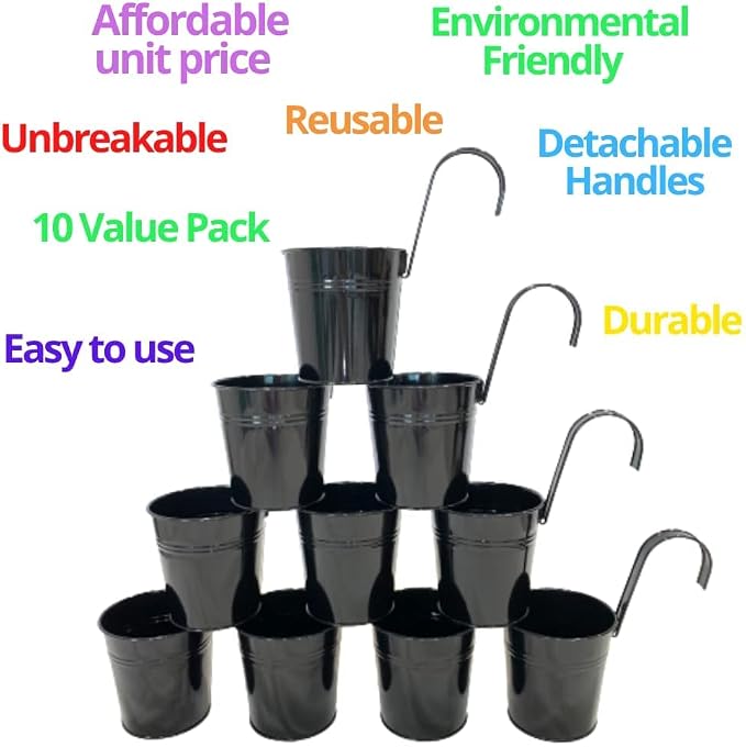 LaLaGreen Small Hanging Planters - 10 Pack, 4 Inch Black Metal Bucket Small Flower Pots for Outdoor Outside, Balcony Railing Hanging, Cute Garden Decor Rail Wall Farmhouse Rustic Deck Porch Succulent | Balcony railing planters for apartment, patio, por...