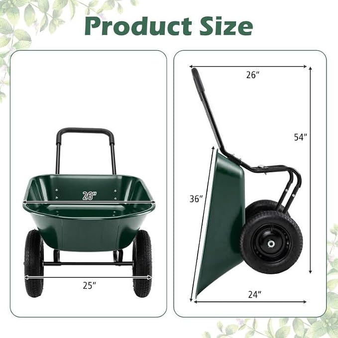 ERGOMASTER Dual-Wheel Wheelbarrow, Home Utility Garden Cart, 330 LBS Capacity, Large Heavy Duty Yard Cart for Gardening & Planting, Lawn, Farm, Construction Site, Green