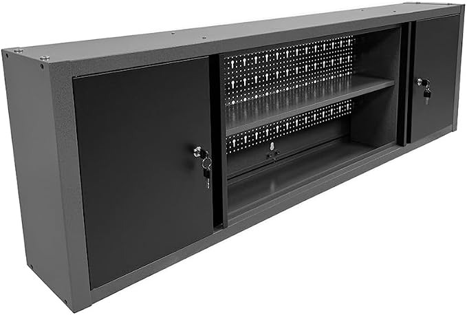 JZD Metal Wall Mount Cabinet 59" Long, Included 22 Hooks & Tool Holders, Space Saving for Workshop Storage Solutions