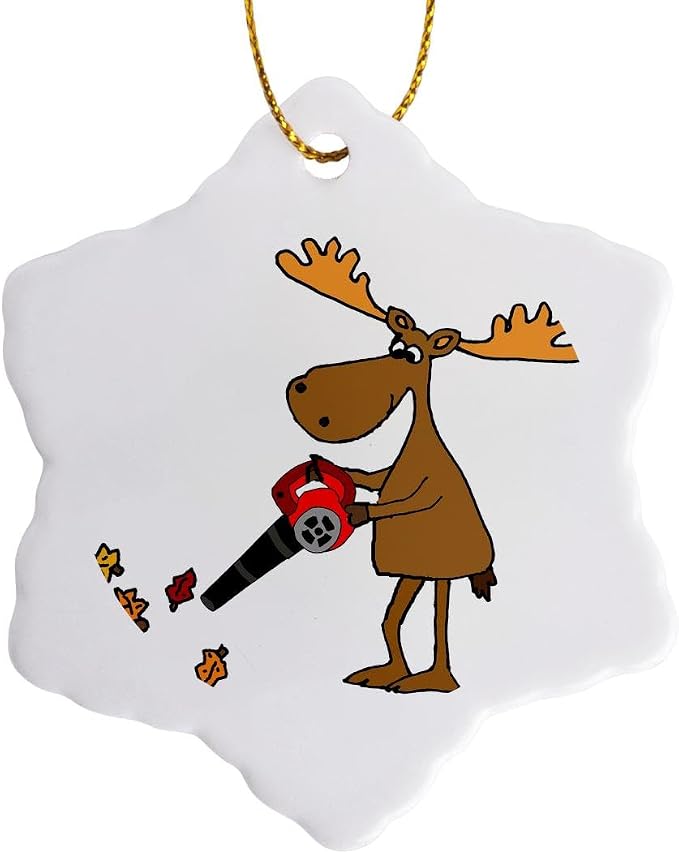 3dRose ORN_263877_1 Funny Cute Moose Using Leaf Blower Yard Work Cartoon Snowflake Ornament, 3"