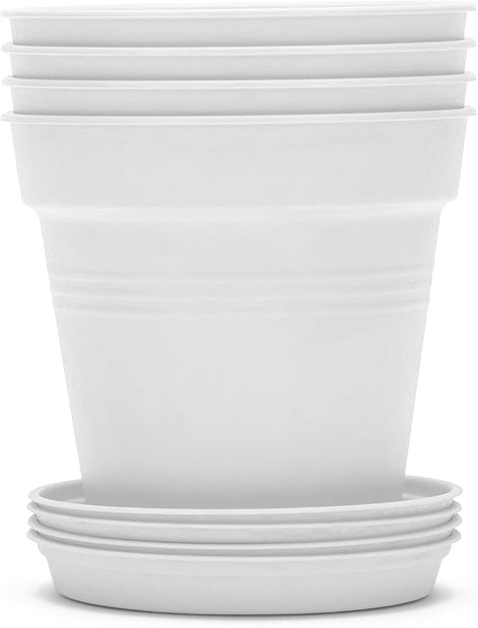 Mintra Garden Pots, 4 Pack Bulk Plastic Plant Pots with Drainage Tray, Round Indoor & Outdoor Decorative Planters with Drain Holes for Flowers, Herbs & Plants, 11cm Diameter – White, 4.3 in