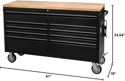 61-Inch Heavy-Duty Rolling Tool Chest & Mobile Workbench with 9 Drawers, Steel Storage Cabinet with Rubber Wood Top, Key Lock, Drawer Liners and Wheels for Garage, Workshop, Black