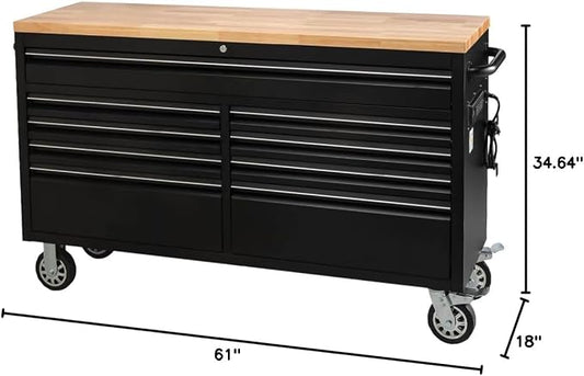61-Inch Heavy-Duty Rolling Tool Chest & Mobile Workbench with 9 Drawers, Steel Storage Cabinet with Rubber Wood Top, Key Lock, Drawer Liners and Wheels for Garage, Workshop, Black