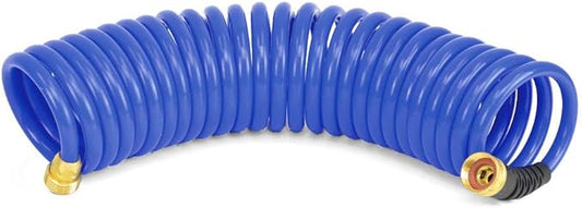 HoseCoil 3/8 inch ID Self Coiling Garden, RV, Marine Outdoor Water Hose (25' Blue) | 25 Ft • 3/8 in ID • Self-Coiling Hp Polyether Hose • 3/4 in Garden-Thread Solid Brass Fittings • Blue