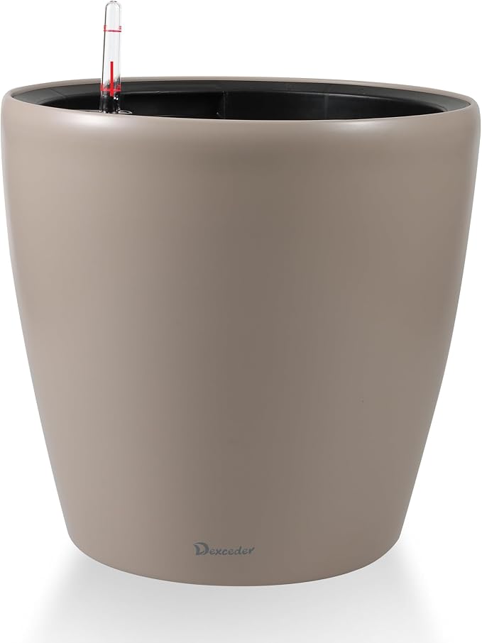 Dexceder 18x17 Self Watering Planter with Wheels (Taupe Matte) | Inner Pot Design, Thickened Large Floor Standing Flower Plant Pot with Water Level Indicator Indoor Outdoor